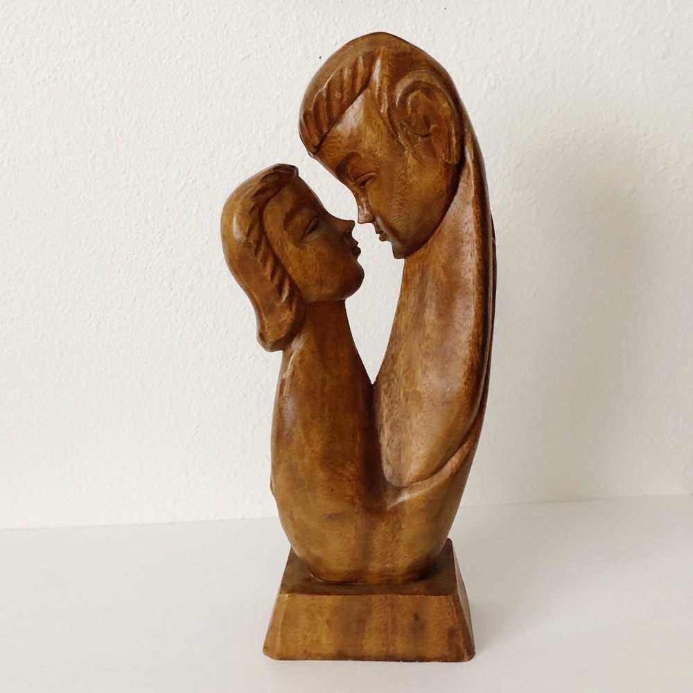 Large 1960’s MCM 17” Hand Carved Balinese Monkey Pod Lovers Wooden Sculpture
